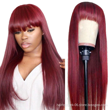 Wholesale 16~28 inches Straight Wig With Bang Brazilian Remy Human Hair Wig Burgundy Orange brown black Full Machine Made Wig